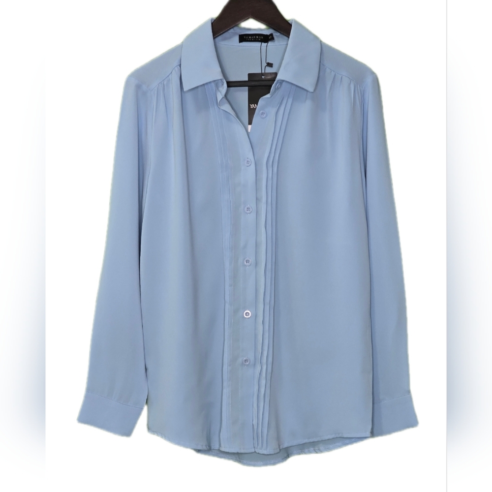 NWT Womens Button Down Shirt Long Sleeve Chiffon Loose Pleated Collared, Small